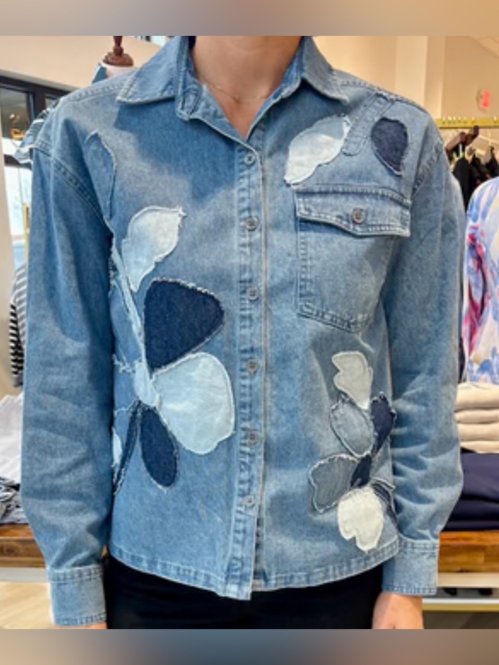 Tru luxe appliqué denim shirt:jacket